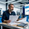Un garagiste consulte les dossiers de ses clients sur son établi.