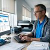 Le responsable du centre auto s'occupe de la paperasse à son bureau.