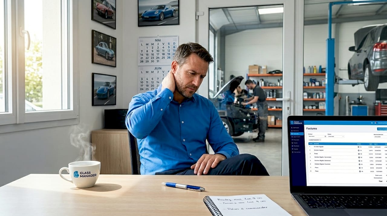 Dans son bureau encombré, le patron du garage passe en revue ses factures, entouré de papiers et de dossiers.