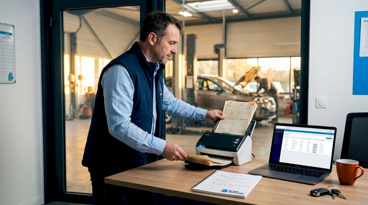 Le chef d’atelier procède à la numérisation des dossiers clients depuis son bureau aménagé dans l’atelier.