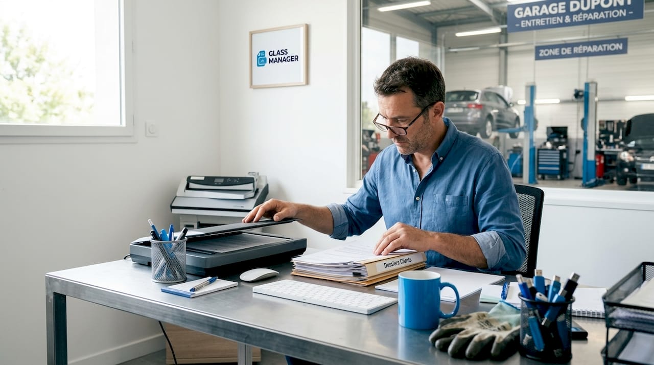 Un garagiste qui modernise la gestion de ses dossiers clients en passant des archives papier à un système numérique.