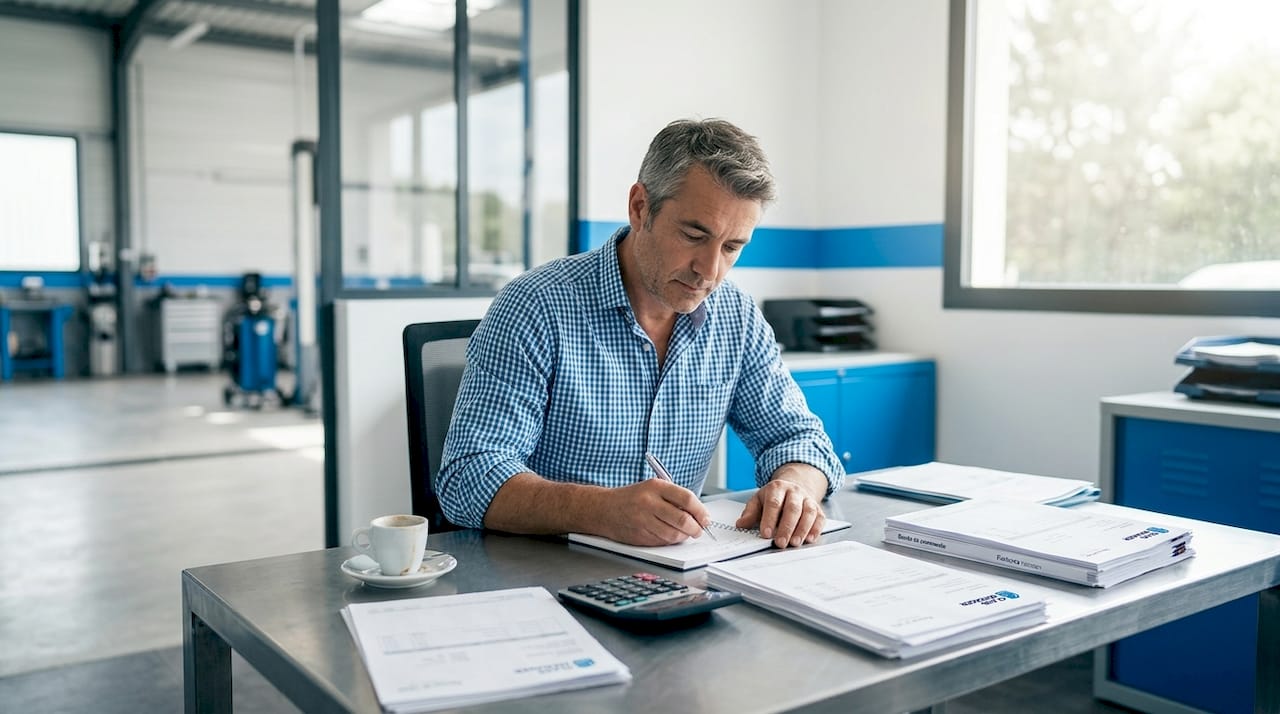 Le responsable de l’atelier passe en revue les factures en attente de règlement.