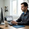 Un technicien saisit des données sur son ordinateur dans le bureau du garage.