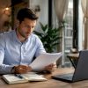 Un conseiller commercial automobile en train d’étudier un dossier de financement pour l’achat d’un véhicule.