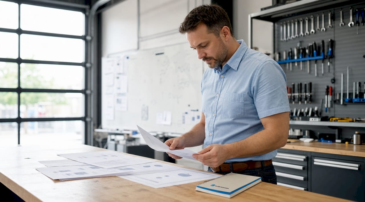 Le chef d’atelier consulte la documentation SaaS dans l’atelier du garage.