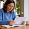 Une femme passe en revue ses documents d’assurance auto.