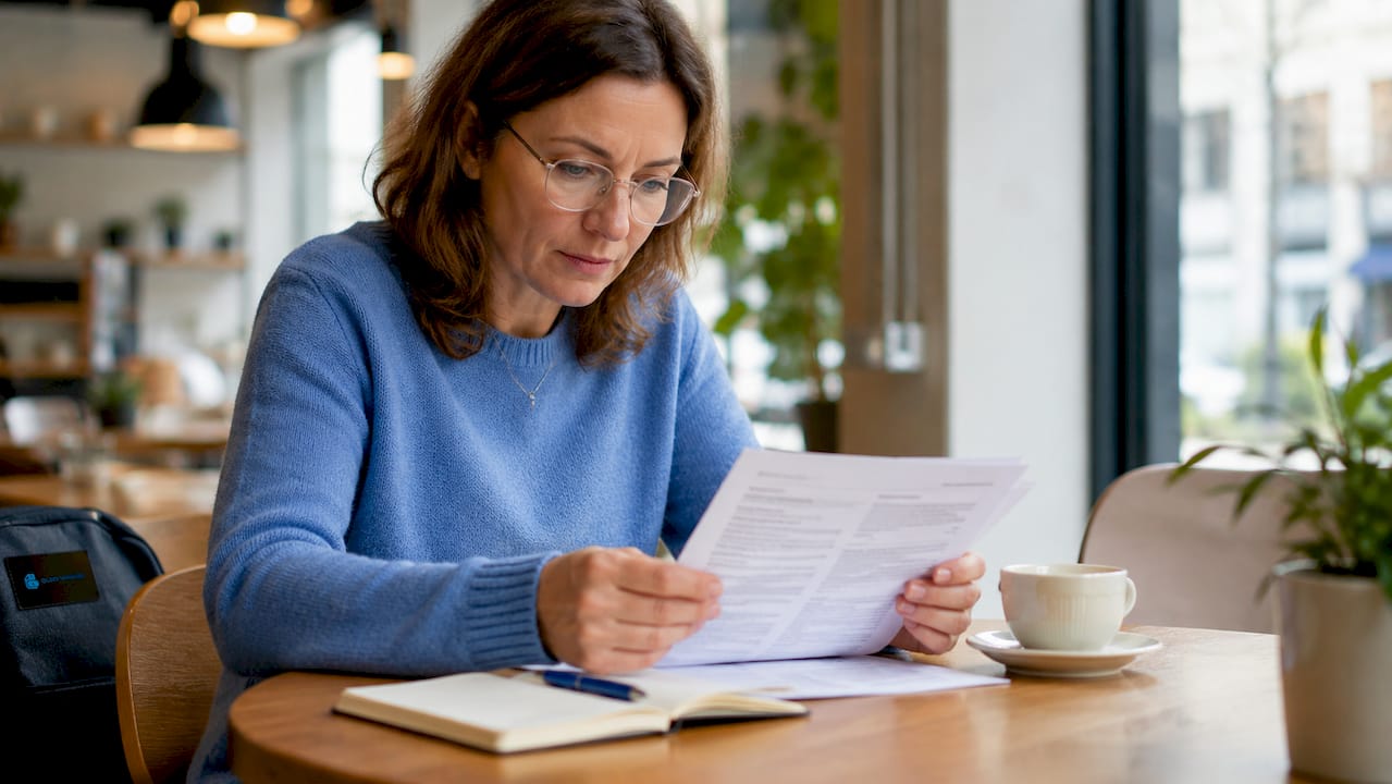 Une femme passe en revue ses documents d’assurance auto.