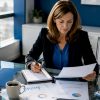 Un gestionnaire en assurance en train d'étudier un dossier de sinistre dans son bureau.