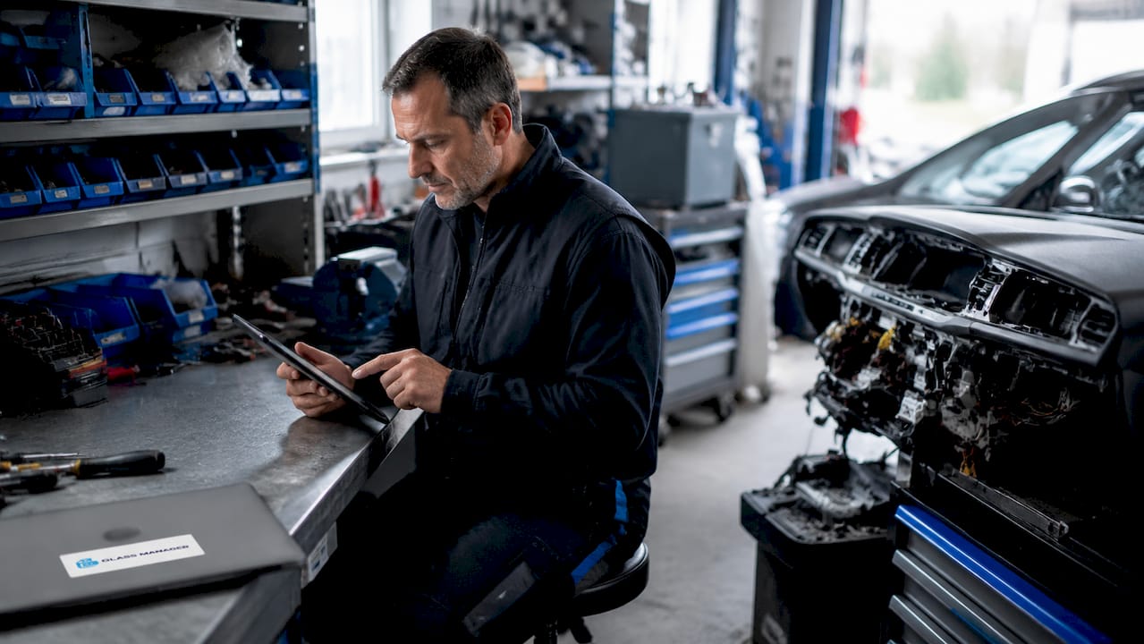 Un technicien consulte sa tablette dans le bureau de l’atelier automobile.