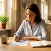 Une personne en train de remplir un formulaire de déclaration d'assurance à son bureau, chez elle.