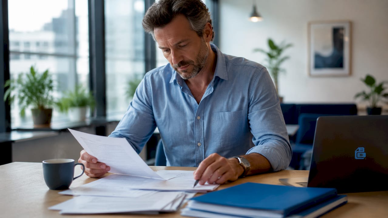 Un technicien spécialisé en vitrage examine attentivement les conditions d’un contrat de partenariat.