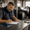 Le chef d’atelier consulte son ordinateur portable au milieu des véhicules en réparation.