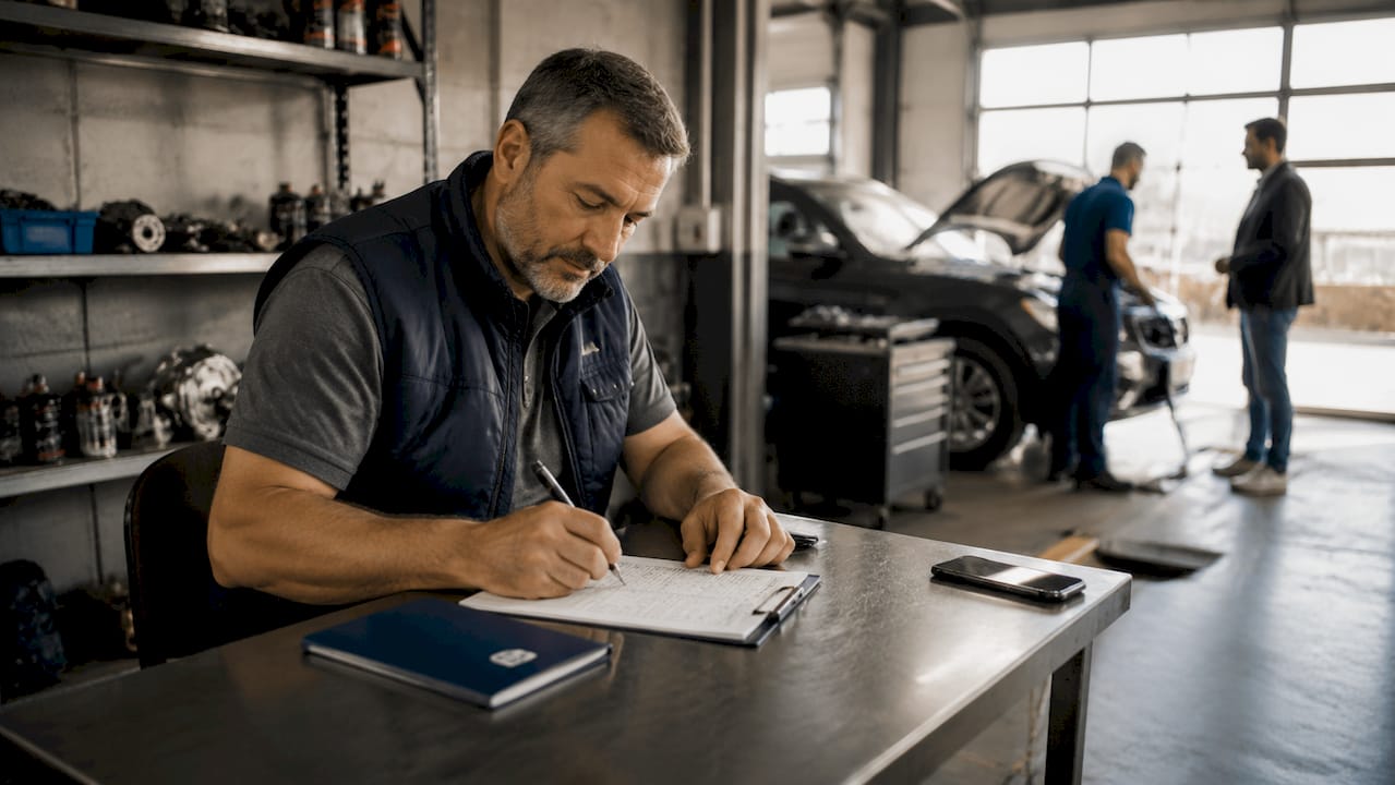 Le chef d’atelier consulte son ordinateur portable au milieu des véhicules en réparation.