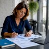 Un expert-comptable passe en revue les bilans financiers d’un atelier automobile.