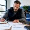 Le responsable du garage examine attentivement les rapports financiers sur son bureau.