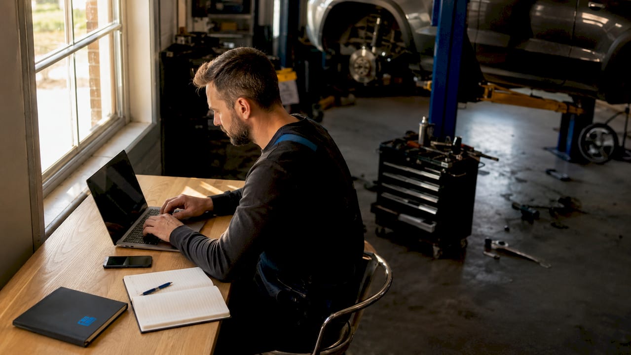 Un technicien automobile en atelier effectuant des diagnostics à l’aide d’un ordinateur