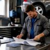Un technicien en atelier en train de consulter le dossier d’un client