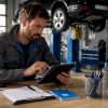 Un technicien effectue le contrôle des points à vérifier sur sa tablette, directement dans l’atelier.