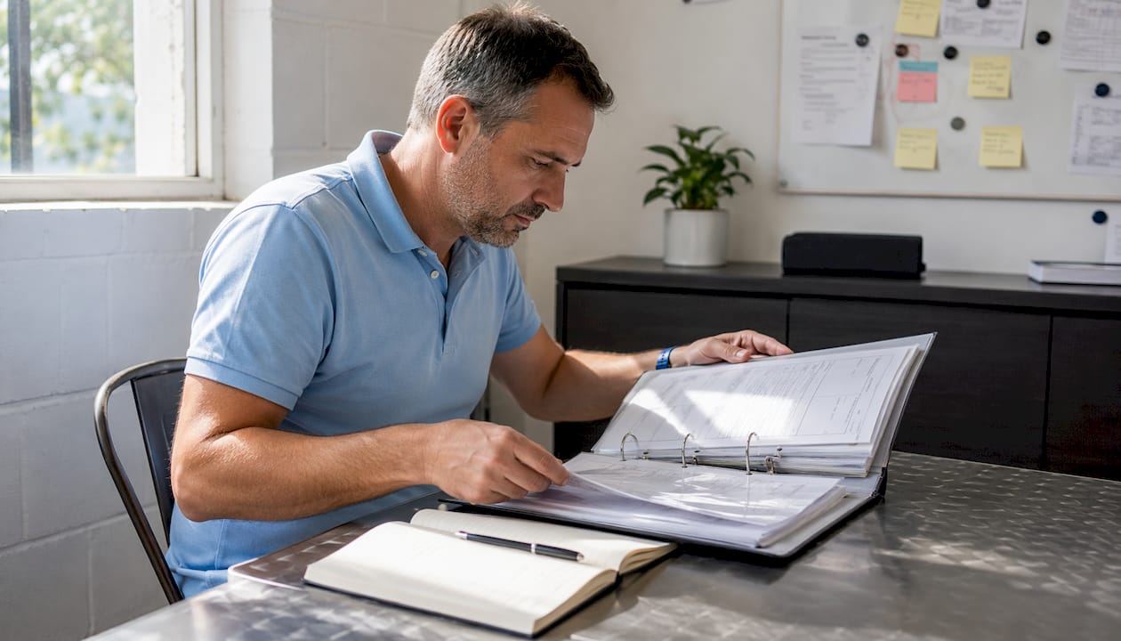 Le responsable de l’atelier passe en revue les dossiers des clients.