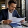 Un dirigeant d’entreprise en train d’étudier attentivement un dossier d’assurance.