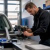 Un technicien procède au réglage du capteur ADAS situé à proximité du pare-brise, directement dans l’atelier.