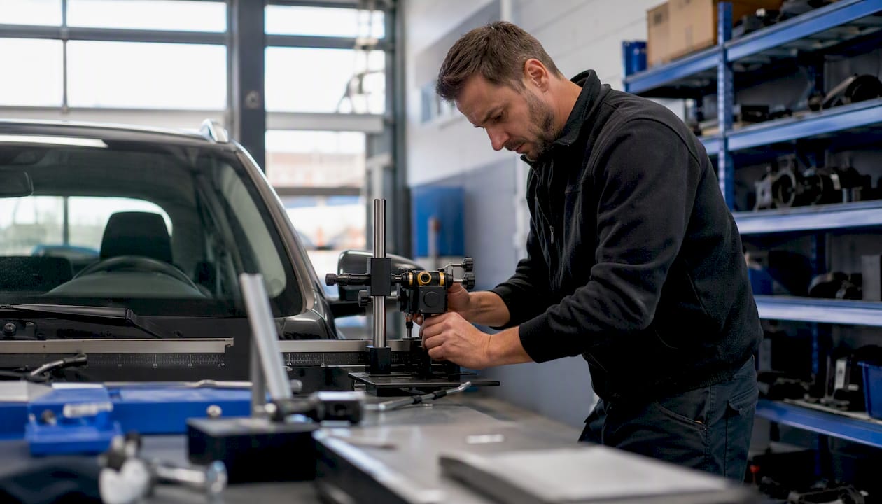 Un technicien procède au réglage du capteur ADAS situé à proximité du pare-brise, directement dans l’atelier.