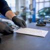 Un technicien procède à la validation d'une facture directement dans l'atelier.