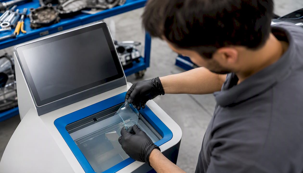 Un technicien procède à l’archivage numérique des dossiers de réparation de vitrages.
