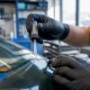 Un technicien procède à l’injection de résine pour réparer un impact sur un pare-brise fissuré.