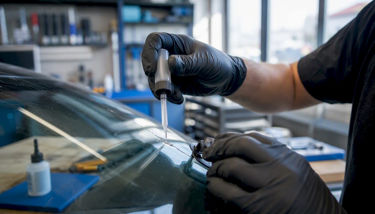 Un technicien procède à l’injection de résine pour réparer un impact sur un pare-brise fissuré.