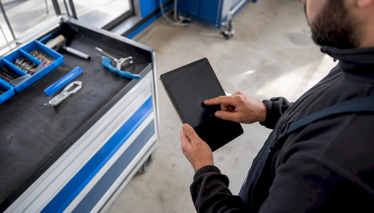 Un technicien vérifie l’accès sécurisé sur sa tablette.