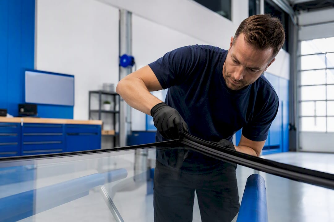 Technicien contrôlant un vitrage dans un atelier automobile