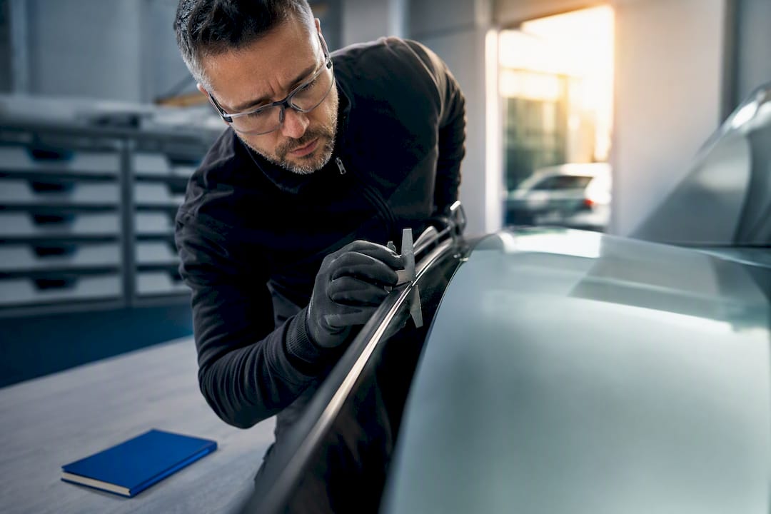 Technicien vérifiant l'ajustement d'un vitrage automobile