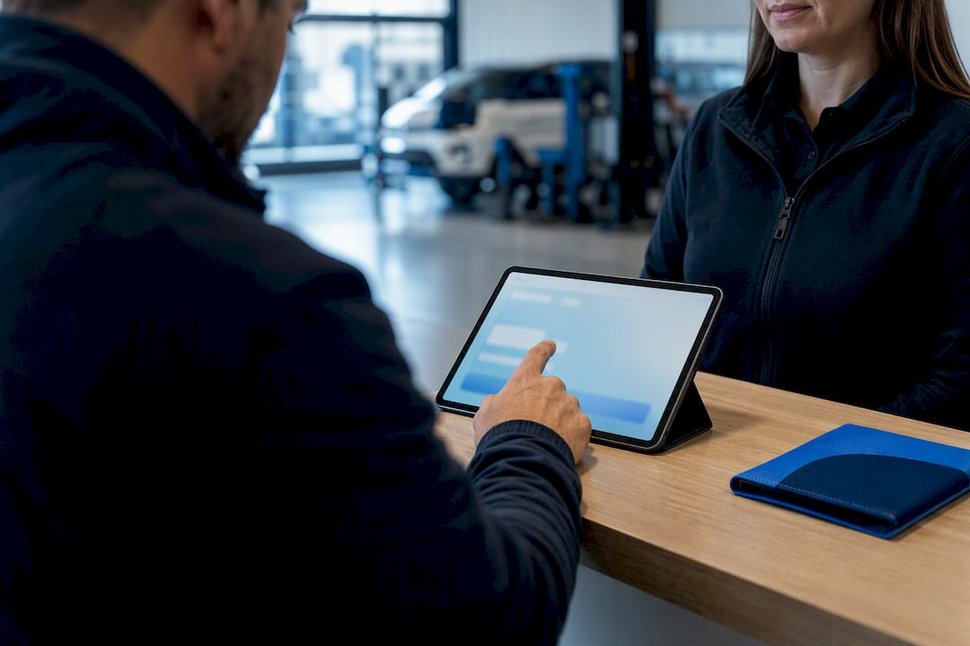 Client signant un devis sur une tablette