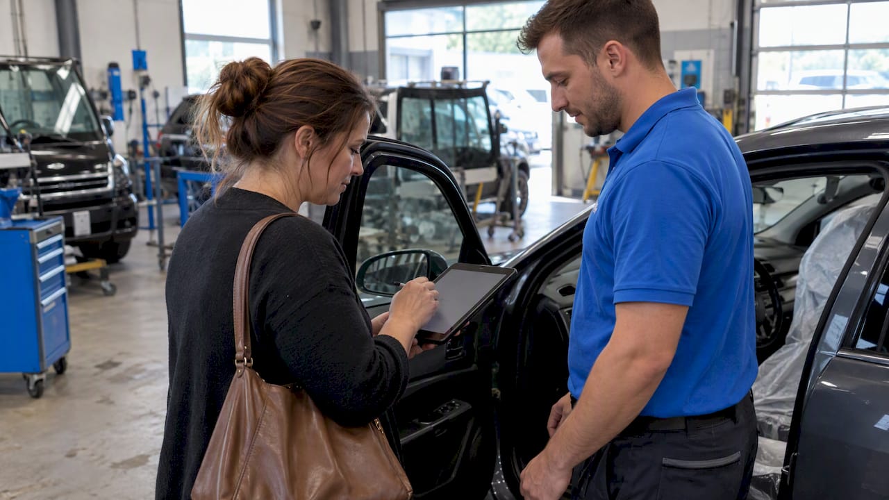 Cliente signant électroniquement lors d'un atelier de vitrage