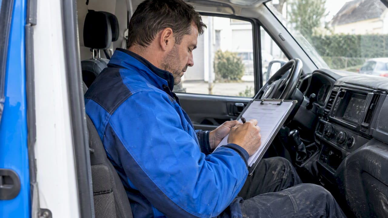 Technicien vitrage remplissant une facture mobile