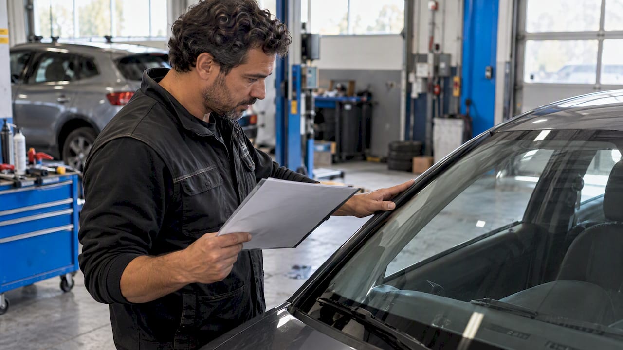 Le responsable inspecte un pare-brise installé