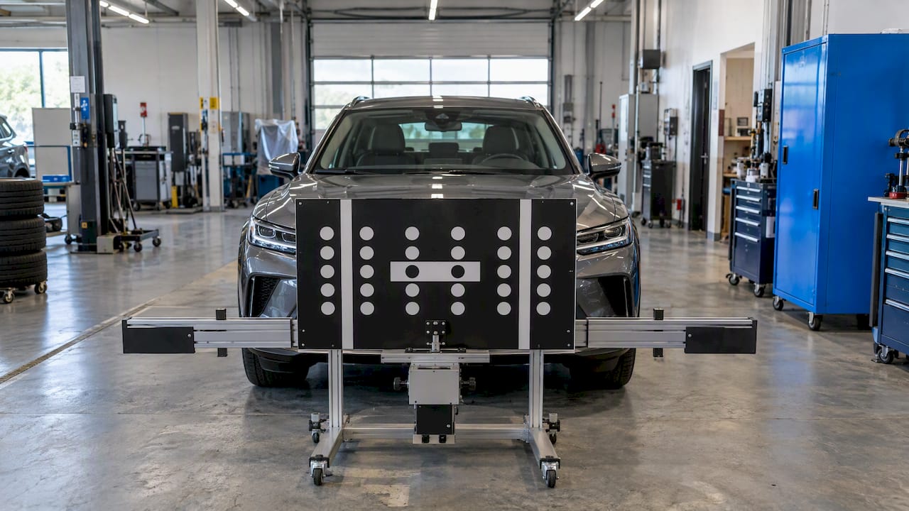 Cible de recalibrage ADAS installée devant un pare-brise